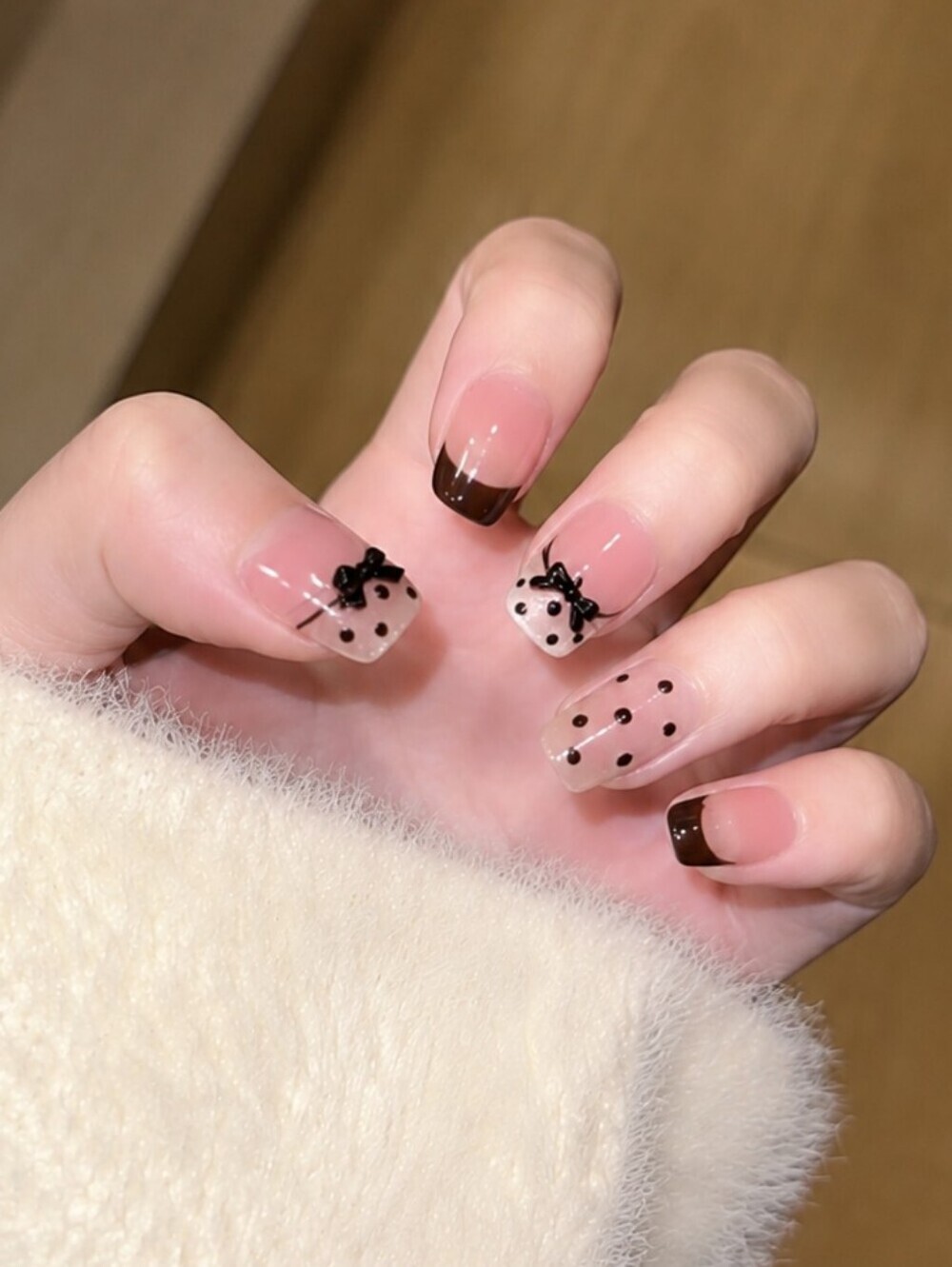 Coquette Press On Nails Small Blush Pink Black French Polka Dot Bow - Picture 3 of 8